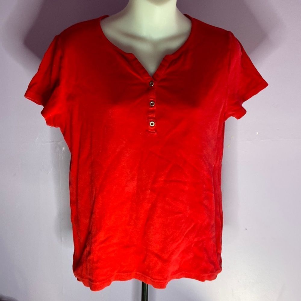 Croft & Barrow Red Short Sleeve Henley Blouse Size Medium Women's Casual Top